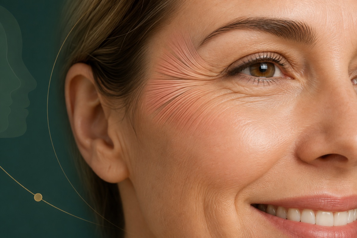 Ilustração médica sobre botox para pés de galinha