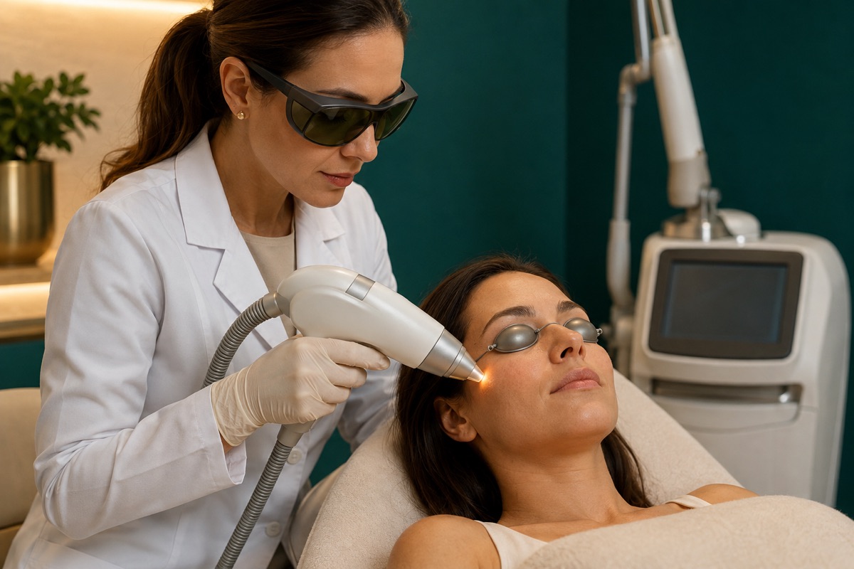 Ilustração médica sobre laser para manchas no rosto