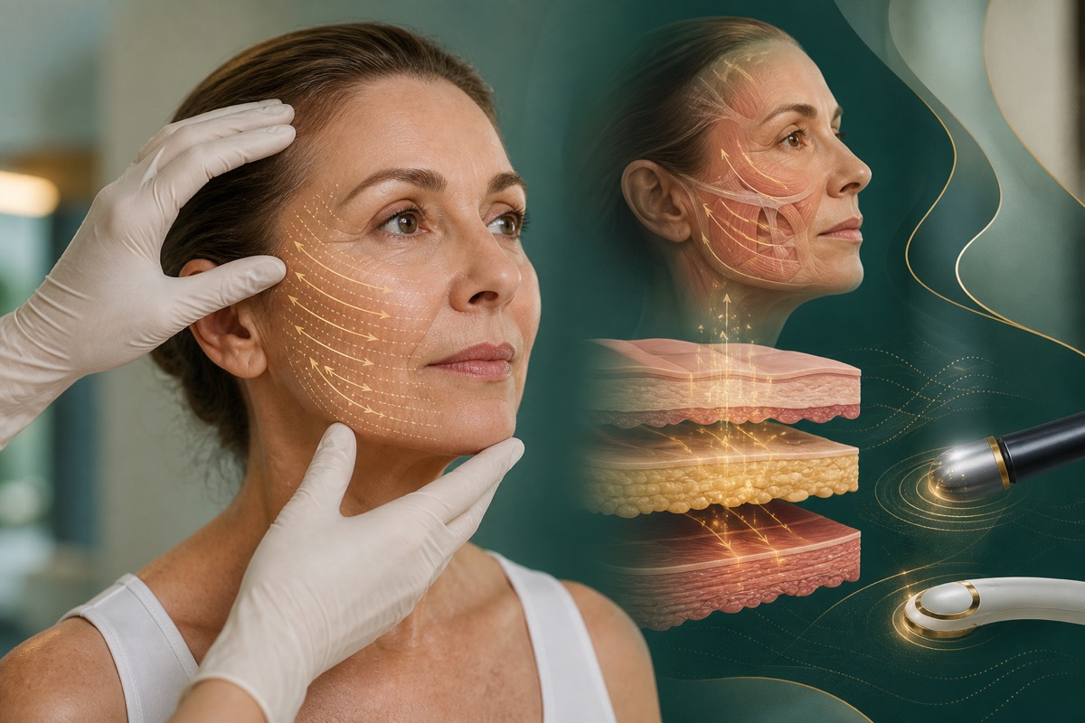 Ilustração médica sobre lifting facial sem cirurgia