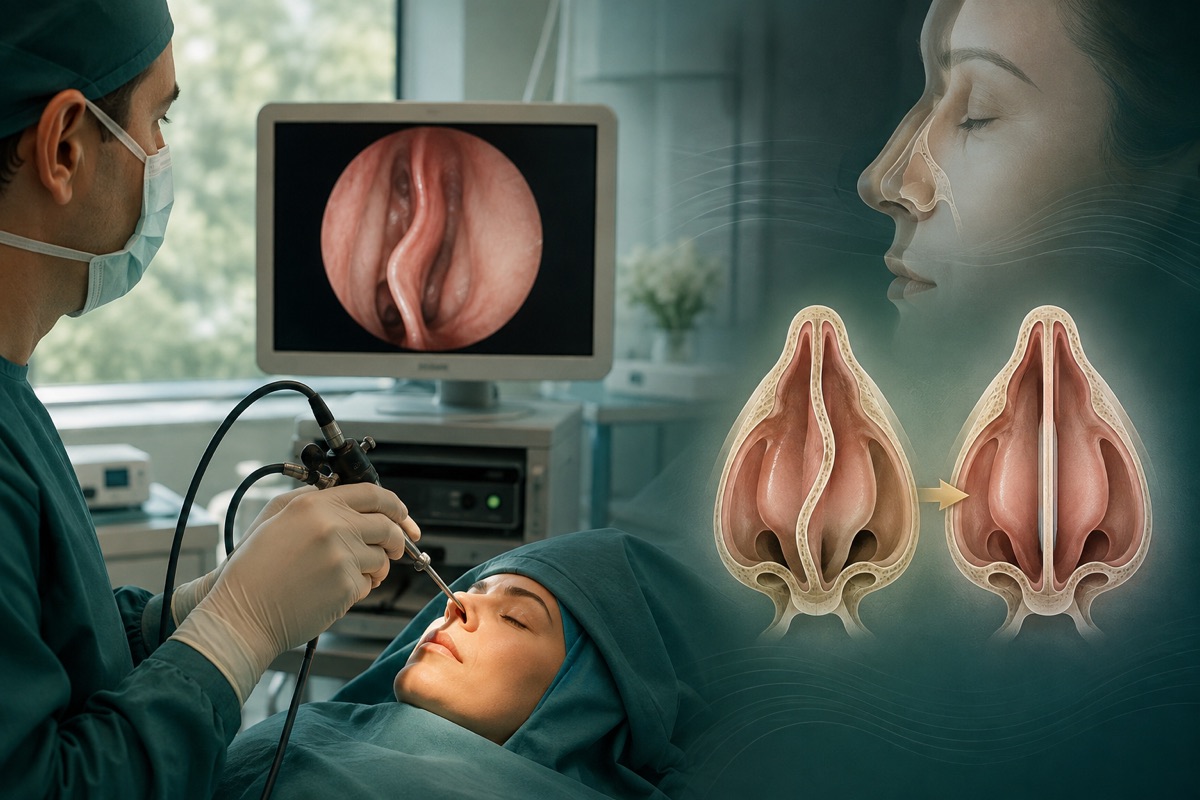 Ilustração médica sobre cirurgia de desvio de septo